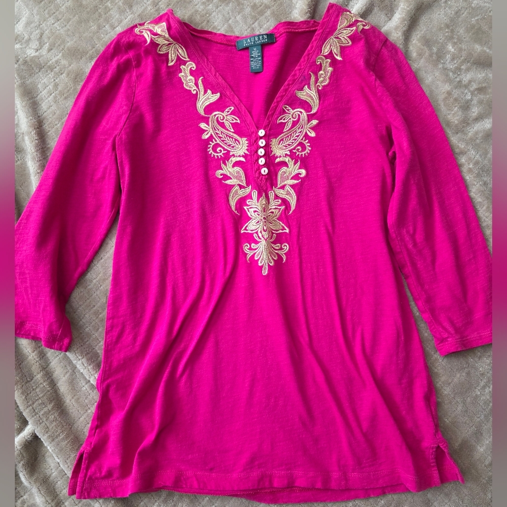 Lauren Ralph Lauren Magenta Tunic Gold Artisan Embroidery Detail 3/4 Sleeve